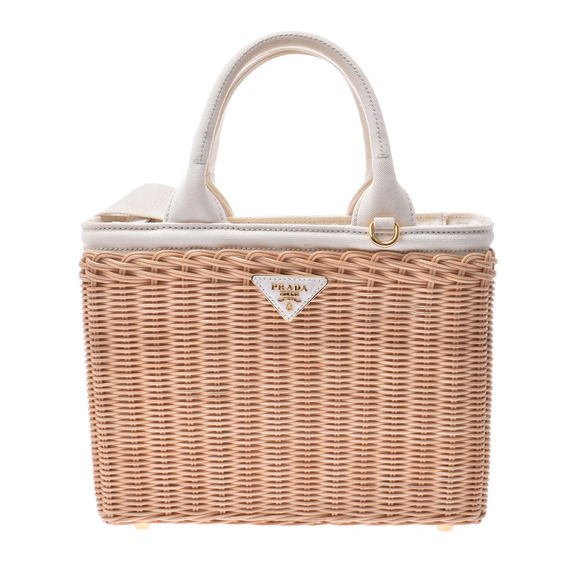 Prada Handbags - Prada Basket Brown Ivory White Wicker Canvas Bag